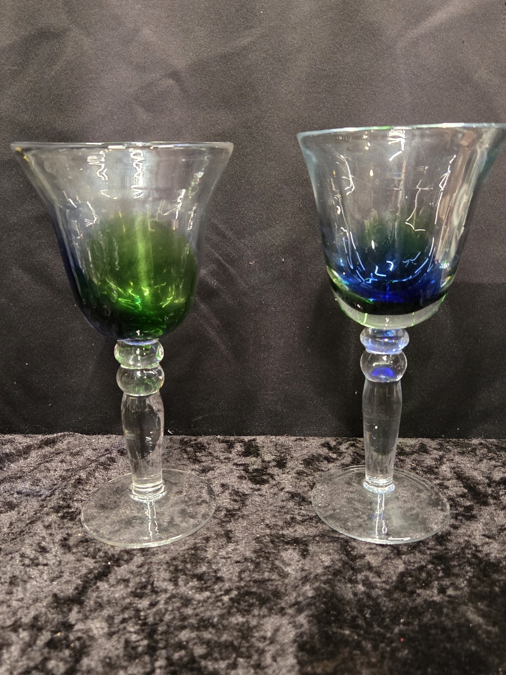 Pier 1 Blue Green Flame Glass Wine or Water Goblet Pair (2)